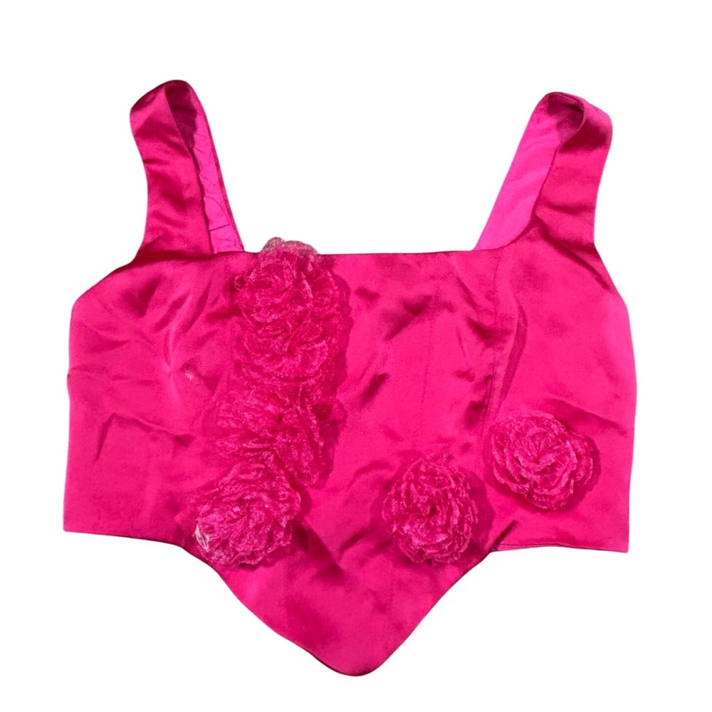 Hot Pink Satin Corset Top Chicways Floral Applique Bustier Tank‎ Sleeveless L